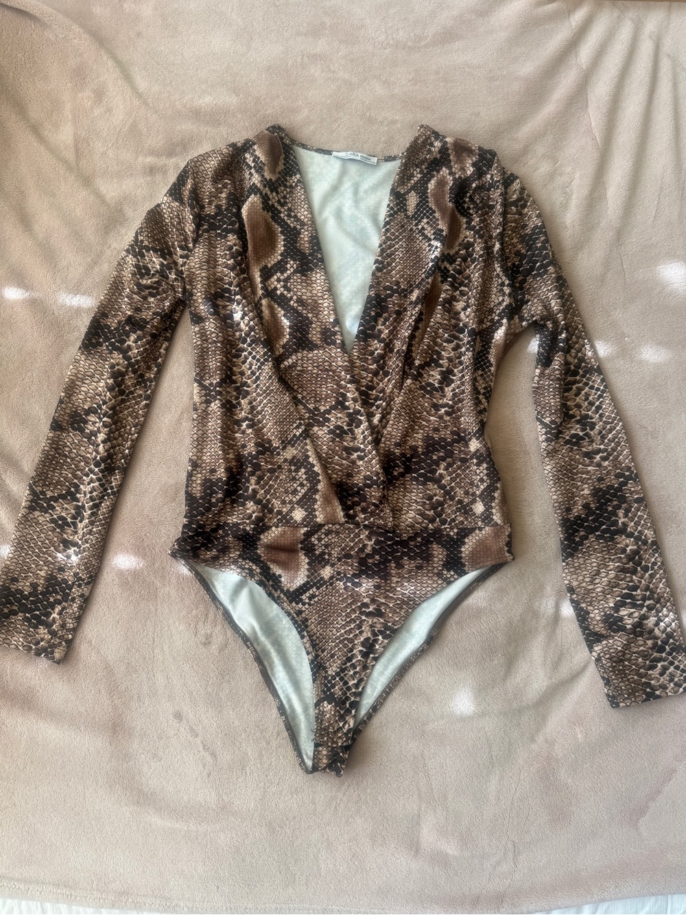 Zara Brown & Black Snake-Print Open Wrap Bodysuit M